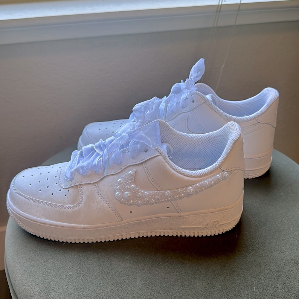 Like New Air Force 1s. Size 7 Mens = 8.5 Womens. White pearl beading by hand.